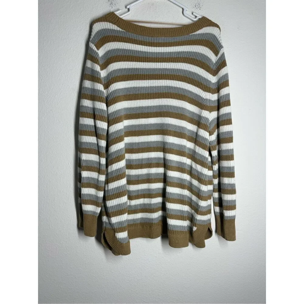 Lane Bryant Women's Curved-Hem Ribbed Sweater Tan/Gray  Sz 22/24 Cotton Blend